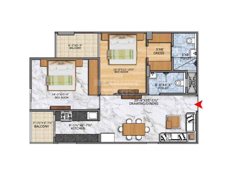 Floor plan of 2 BHK 1071 Sq. Ft. Apartment in Sankalp The Index, Jaipur