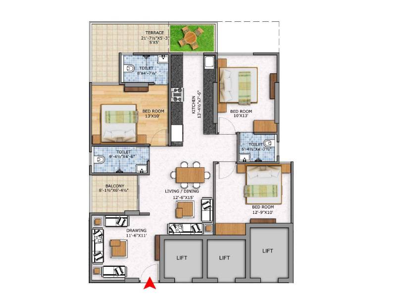 Floor plan of 3 BHK 1581 Sq. Ft. Apartment in Sankalp The Index, Jaipur