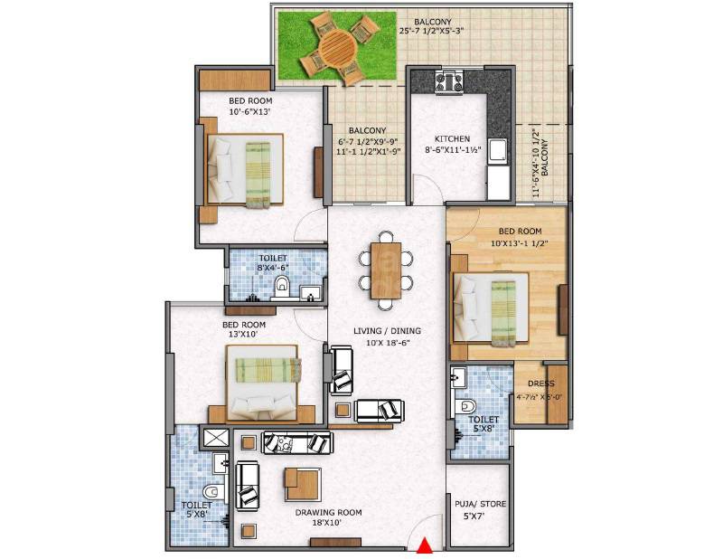 Floor plan of 3 BHK 1860 Sq. Ft. Apartment in Sankalp The Index, Jaipur