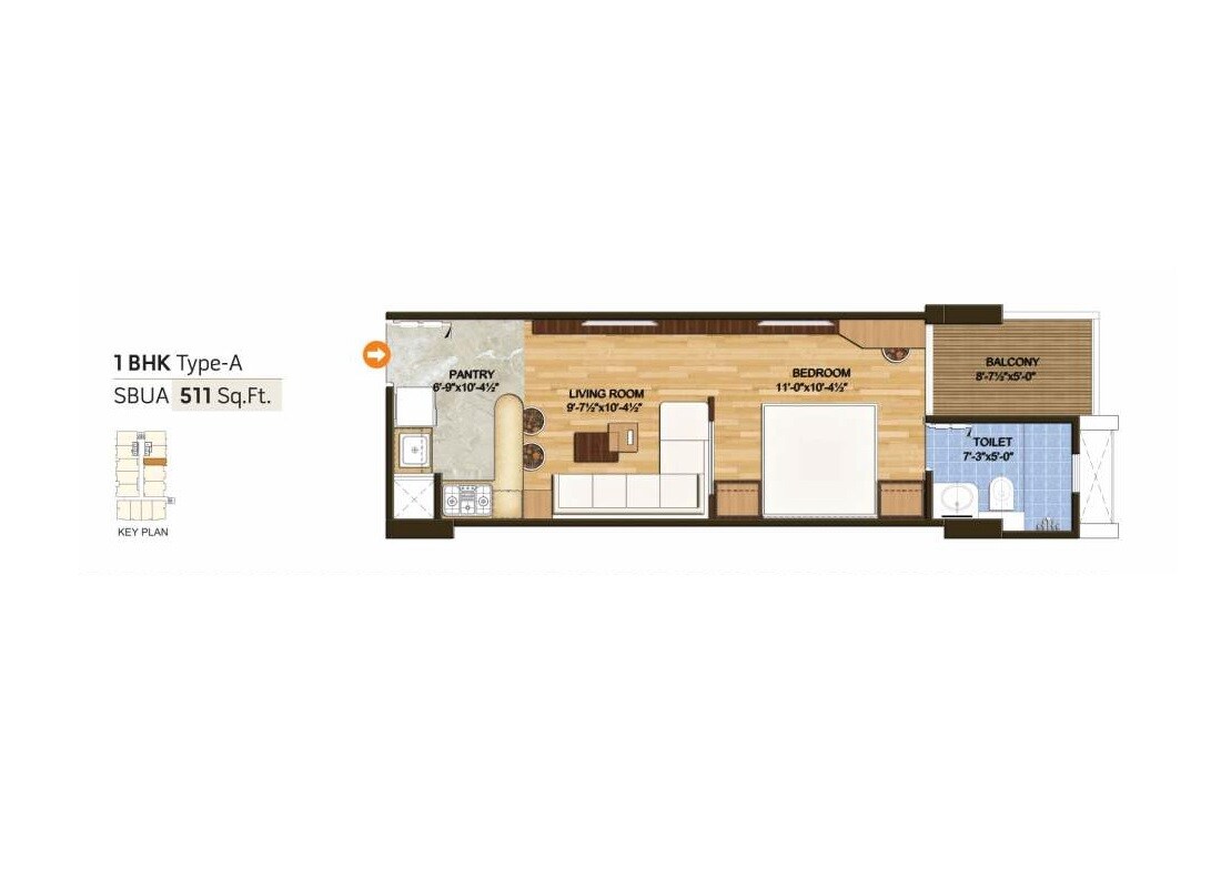 Floor plan of 1 BHK 511 Sq. Ft. Apartment in Sankalp The Rise, Jaipur