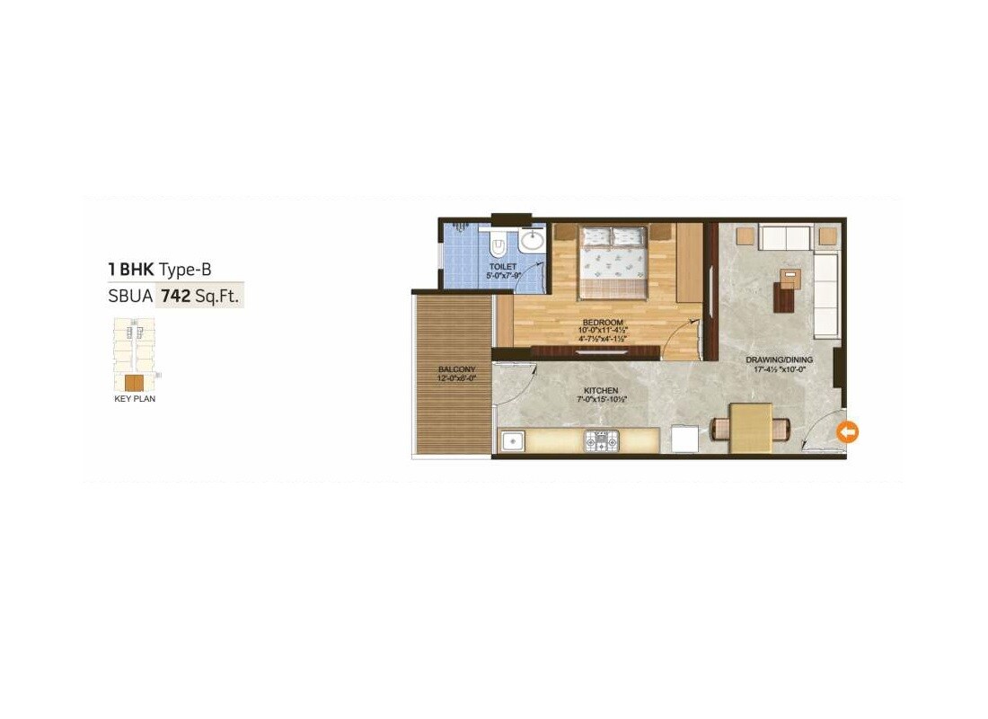 Floor plan of 1 BHK 742 Sq. Ft. Apartment in Sankalp The Rise, Jaipur