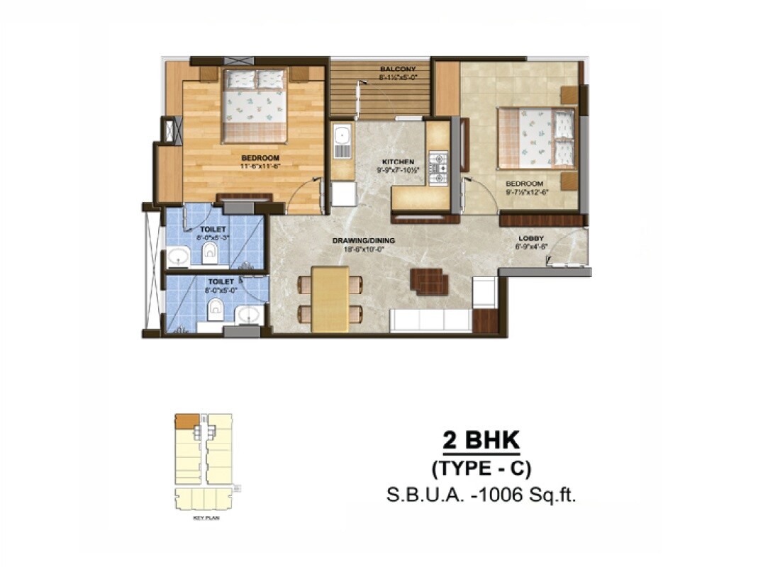 Floor plan of 2 BHK 1006 Sq. Ft. Apartment in Sankalp The Rise, Jaipur