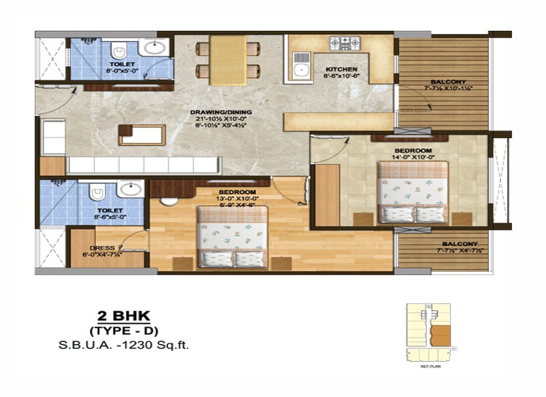 Floor plan of 2 BHK 1230 Sq. Ft. Apartment in Sankalp The Rise, Jaipur
