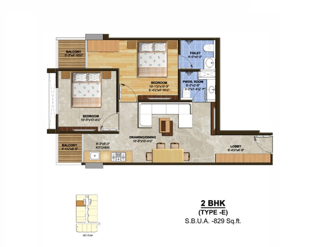 Floor plan of 2 BHK 829 Sq. Ft. Apartment in Sankalp The Rise, Jaipur