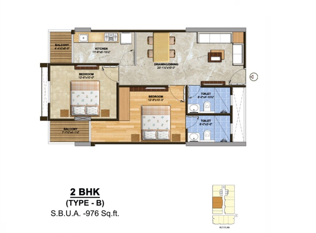 Floor plan of 2 BHK 976 Sq. Ft. Apartment in Sankalp The Rise, Jaipur