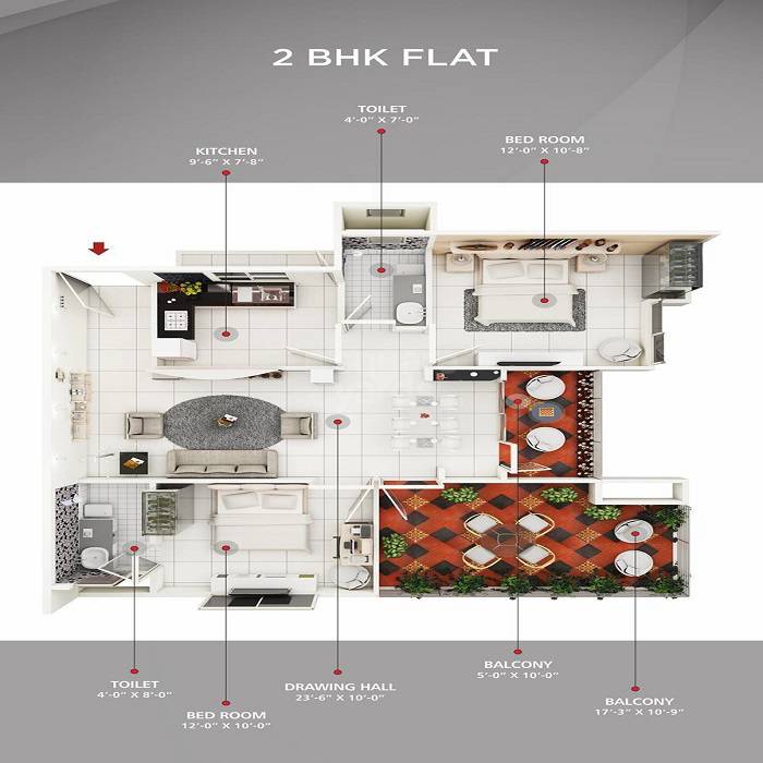 Floor plan of 2 BHK 952 Sq. Ft. Apartment in Sanrachna The Trump, Jaipur