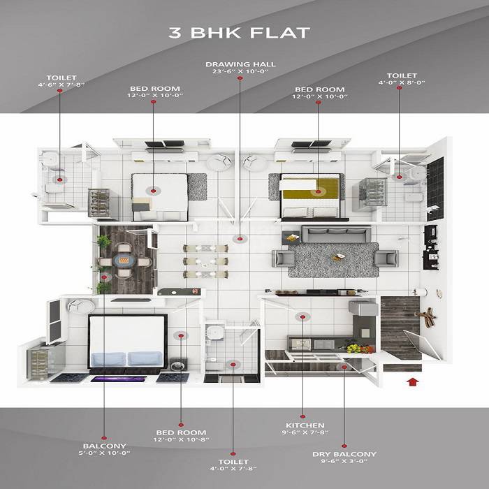 Floor plan of 3 BHK 1300 Sq. Ft. Apartment in Sanrachna The Trump, Jaipur