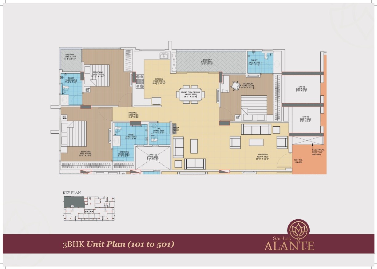 Floor plan of 3 BHK 1145 Sq. Ft. Apartment in Sarthak Alante, Jaipur