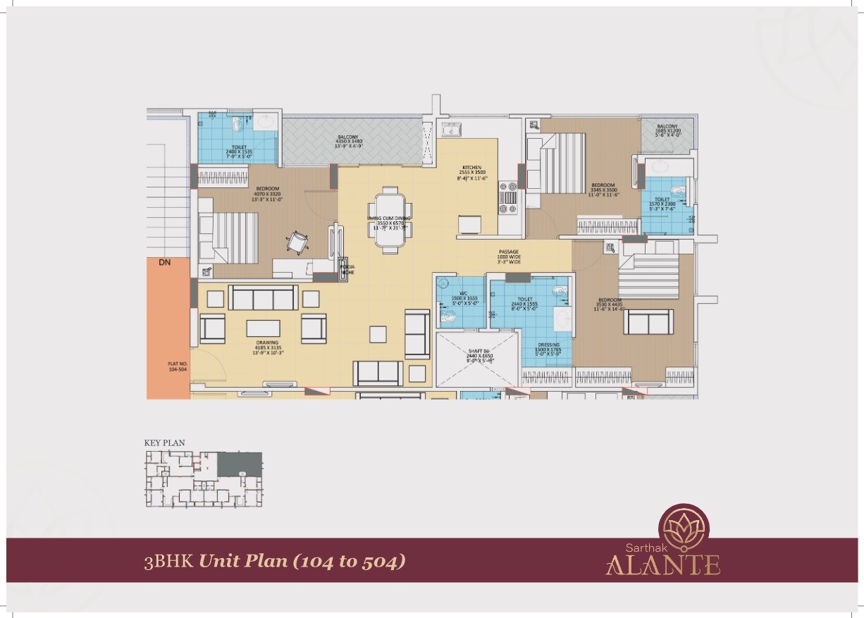 Floor plan of 3 BHK 1261 Sq. Ft. Apartment in Sarthak Alante, Jaipur