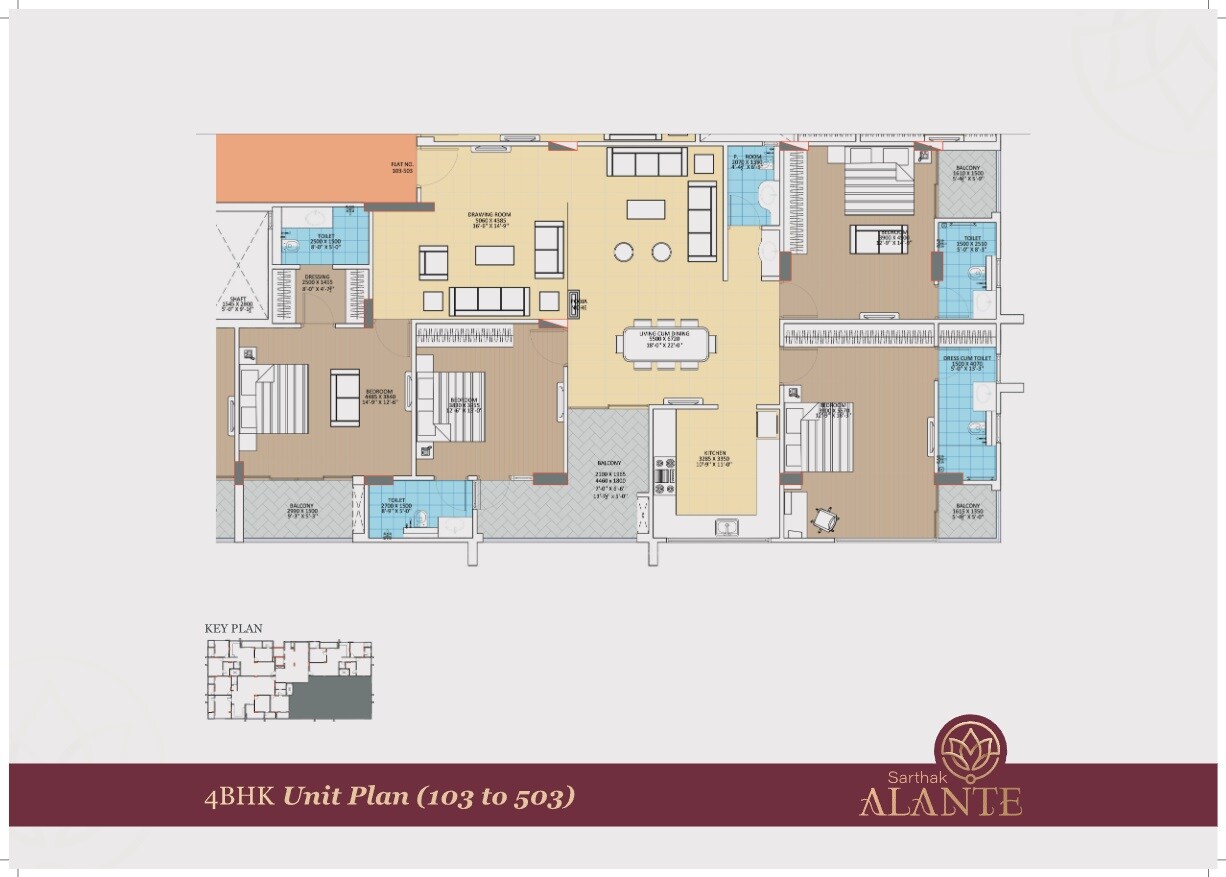 Floor plan of 4 BHK 1816 Sq. Ft. Apartment in Sarthak Alante, Jaipur