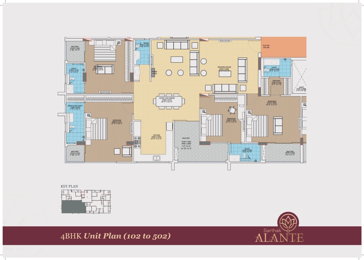 Floor plan of 4 BHK 1825 Sq. Ft. Apartment in Sarthak Alante, Jaipur
