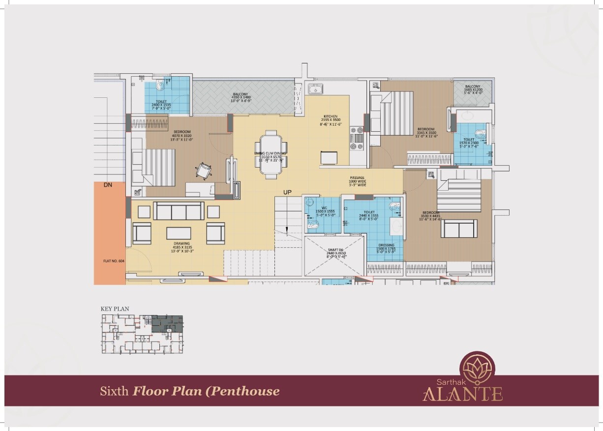 Floor plan of 3 BHK 1225 Sq. Ft. Penthouse in Sarthak Alante, Jaipur