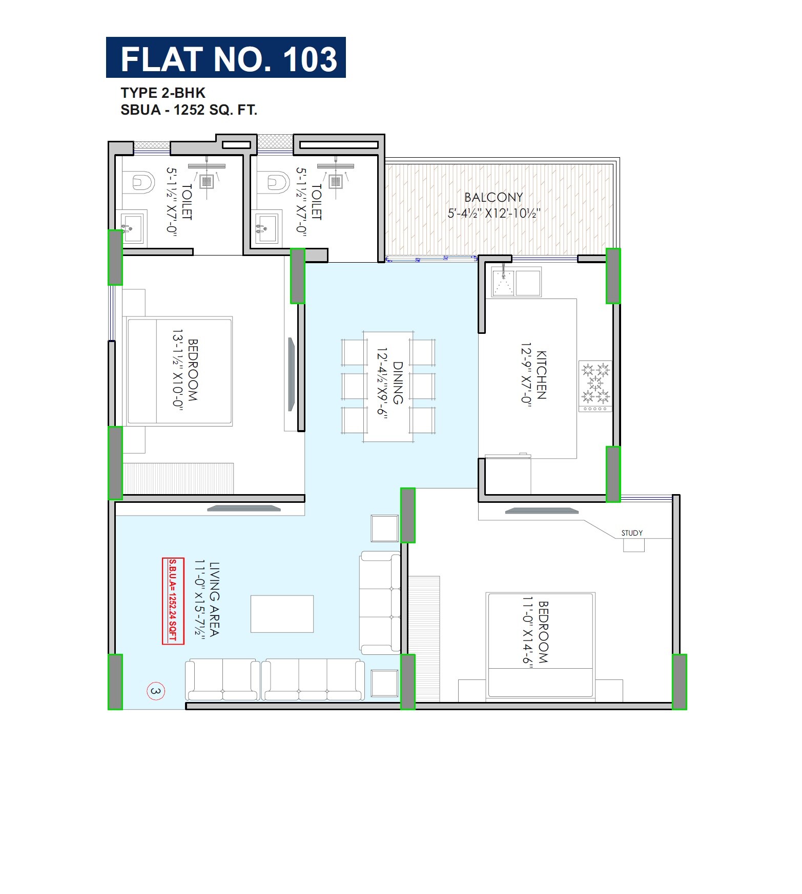 Floor plan of 2 BHK 1252 Sq. Ft. Apartment in Dukia Aerovista, Jaipur