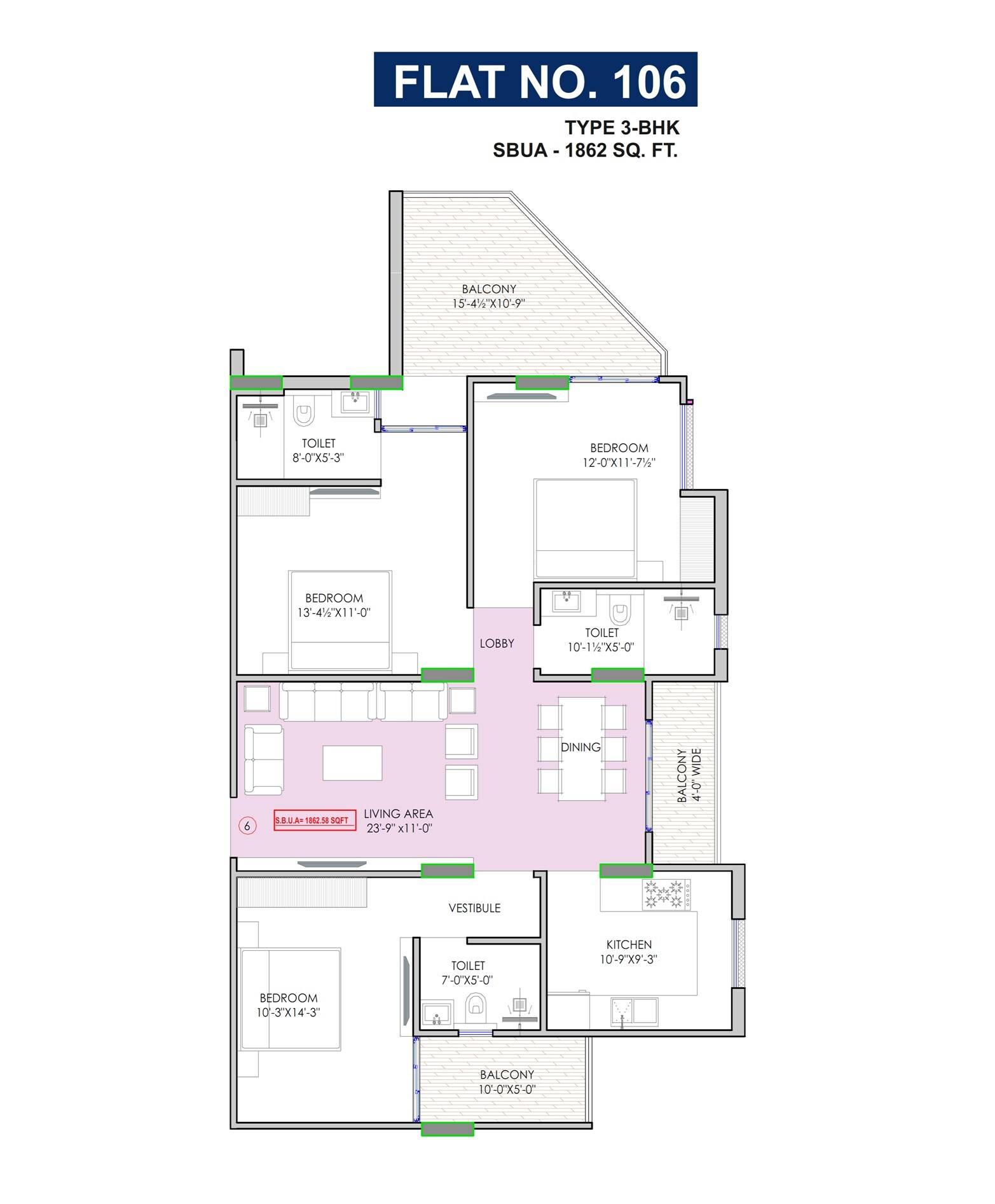 Floor plan of 3 BHK 1862 Sq. Ft. Apartment in Dukia Aerovista, Jaipur