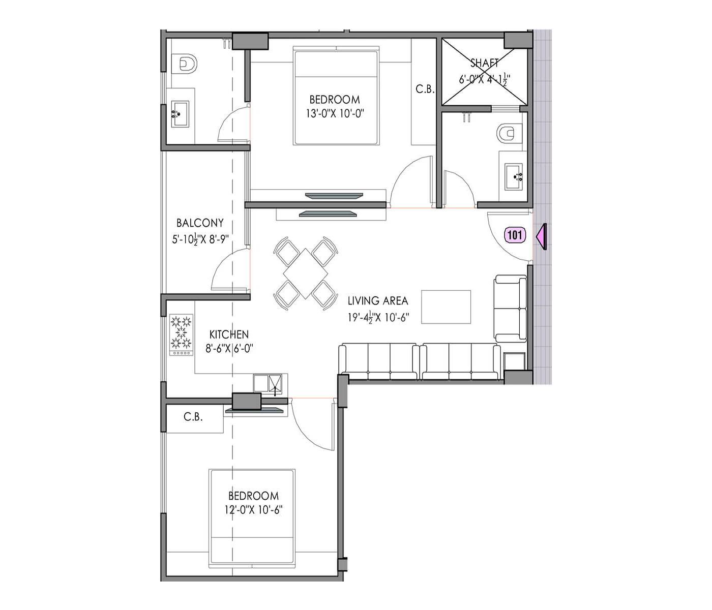 Floor plan of 2 BHK 590 Sq. Ft. Apartment in Satyam Homes Dhawas, Jaipur