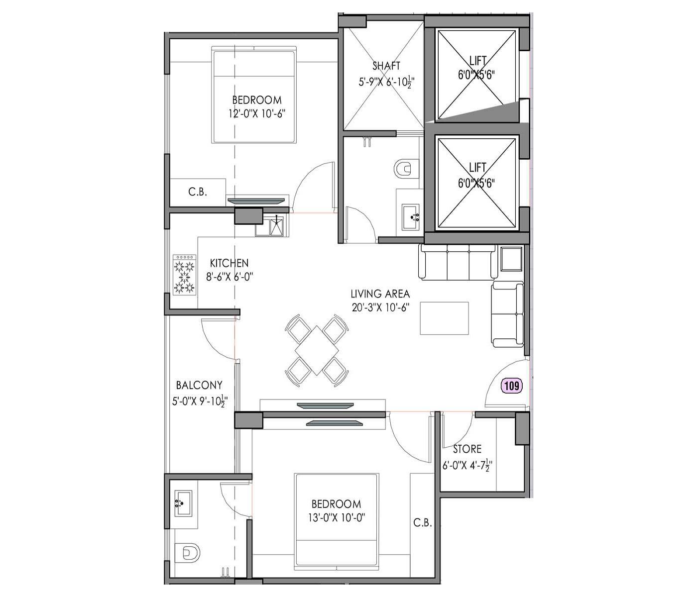 Floor plan of 2 BHK 630 Sq. Ft. Apartment in Satyam Homes Dhawas, Jaipur