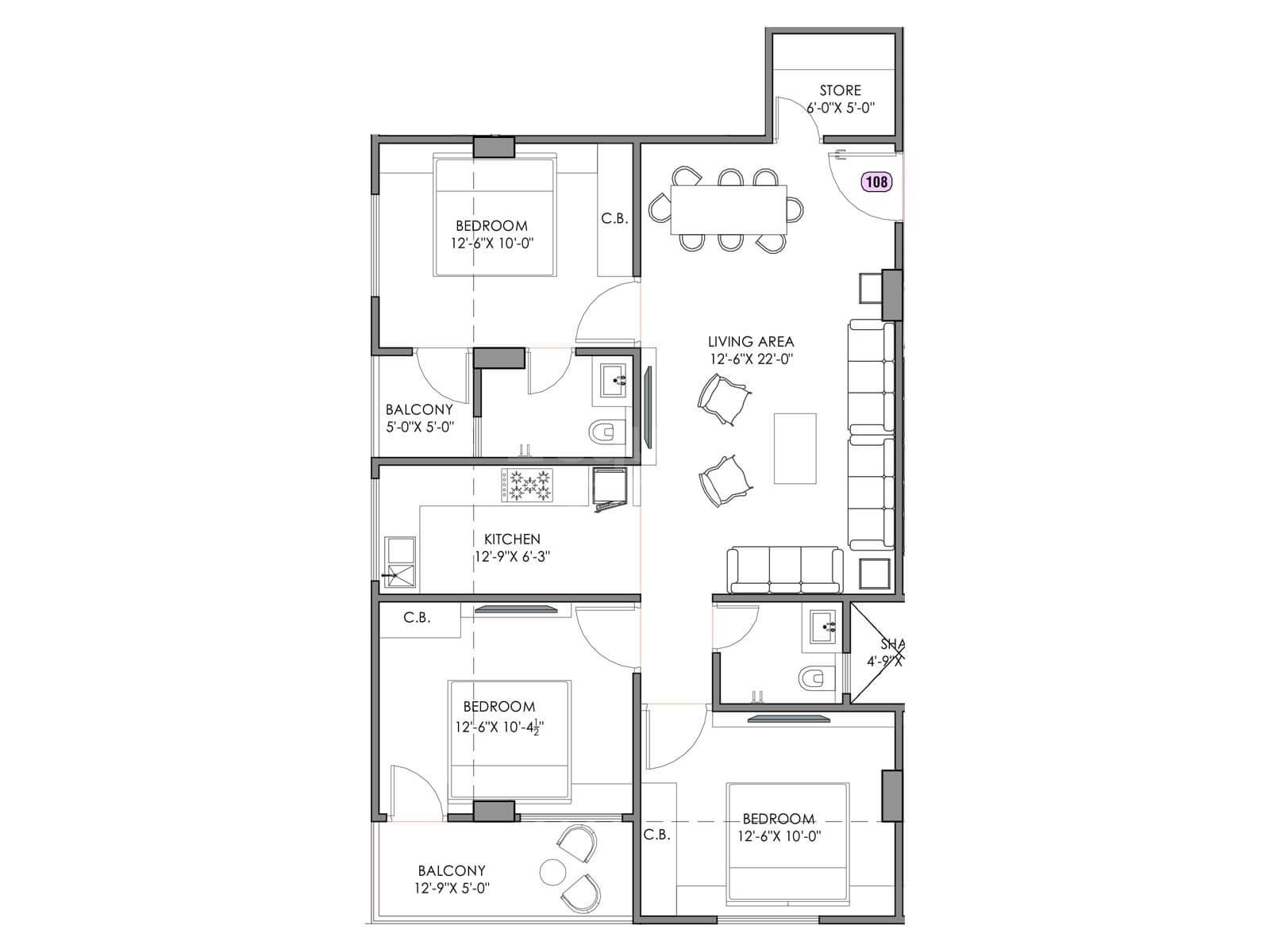 Floor plan of 3 BHK 830 Sq. Ft. Apartment in Satyam Homes Dhawas, Jaipur