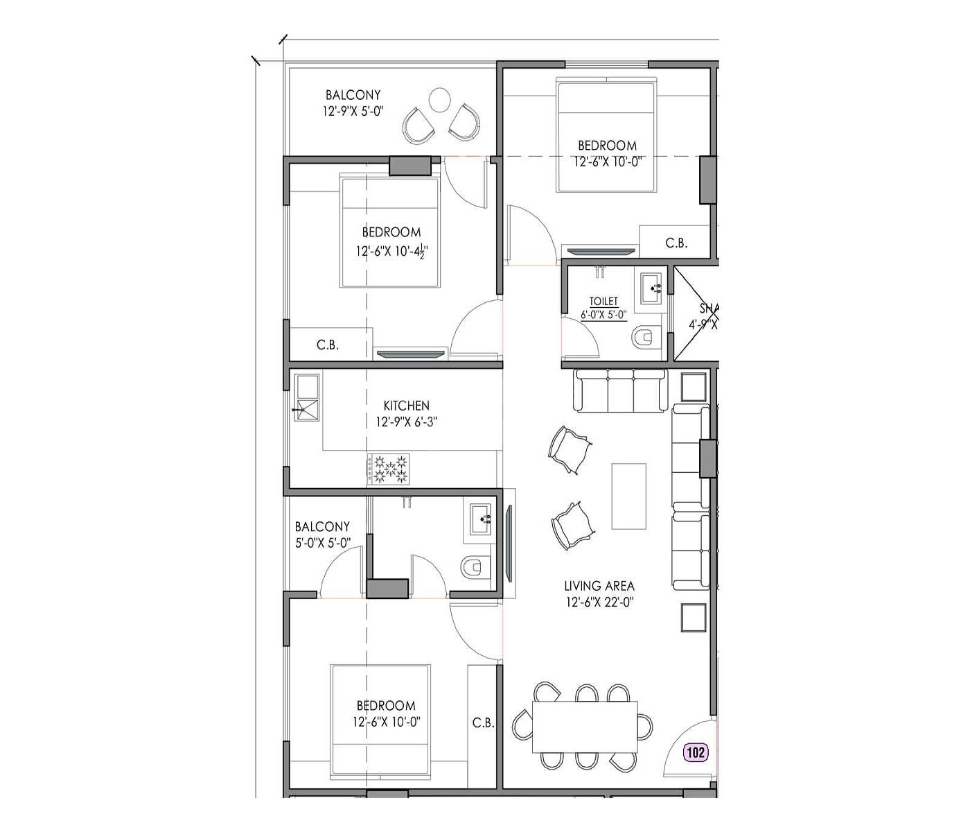 Floor plan of 3 BHK 867 Sq. Ft. Apartment in Satyam Homes Dhawas, Jaipur