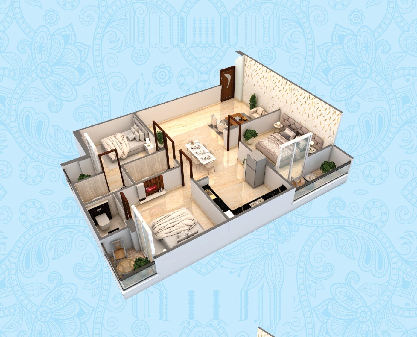 Floor plan of 3 BHK 1505 Sq. Ft. Apartment in Satyam Residency II, Jaipur