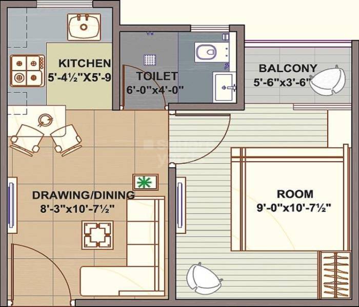 Floor plan of 1 BHK 355 Sq. Ft. Apartment in Savera Mahal Aangan, Jaipur