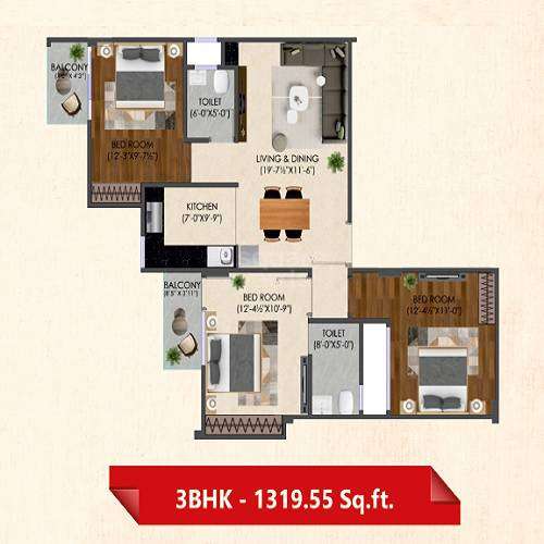 3 BHK 1319 Sq. Ft. Apartment in SB Heights 1