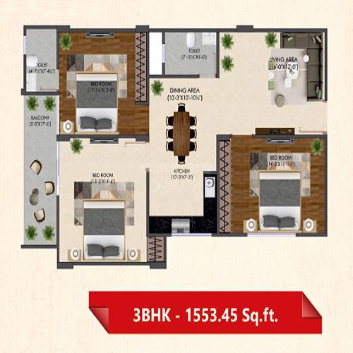 3 BHK 1553 Sq. Ft. Apartment