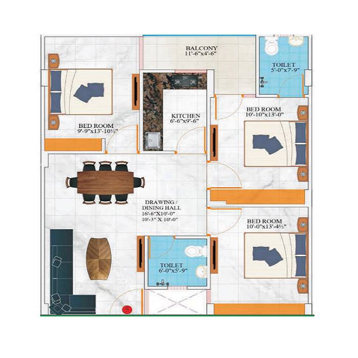Floor plan of 3 BHK 1205 Sq. Ft. Apartment in SB Heights, Jaipur