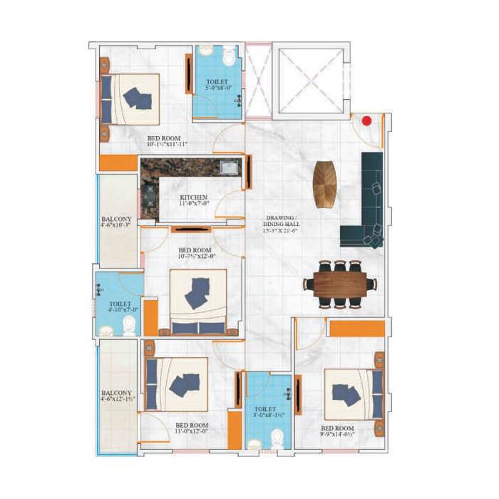 Floor plan of 4 BHK 1637 Sq. Ft. Apartment in SB Heights, Jaipur