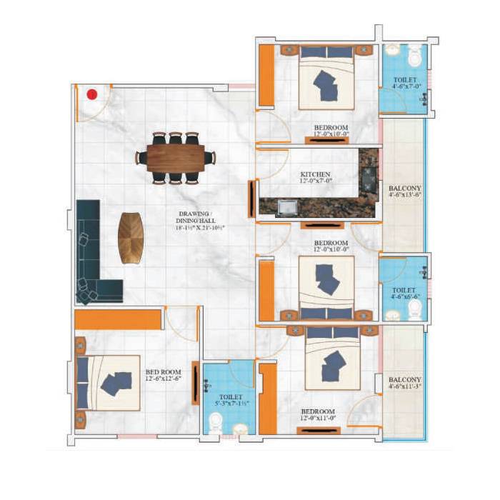 Floor plan of 4 BHK 1693 Sq. Ft. Apartment in SB Heights, Jaipur