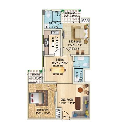 Floor plan of 2 BHK 1290 Sq. Ft. Apartment in SDC The Capital Ridge, Jaipur