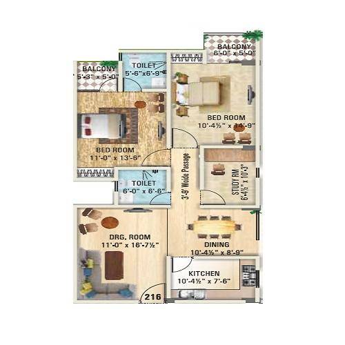 Floor plan of 2 BHK 1400 Sq. Ft. Apartment in SDC The Capital Ridge, Jaipur