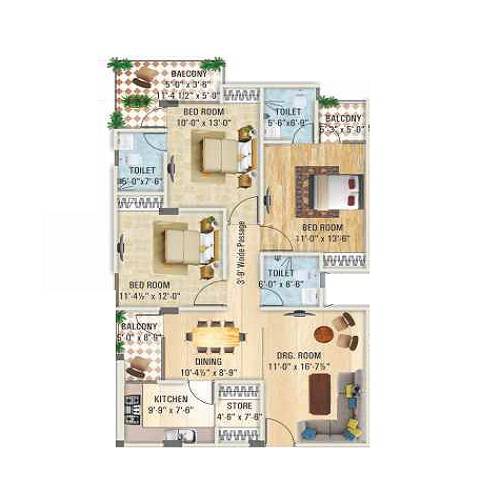 Floor plan of 3 BHK 1690 Sq. Ft. Apartment in SDC The Capital Ridge, Jaipur