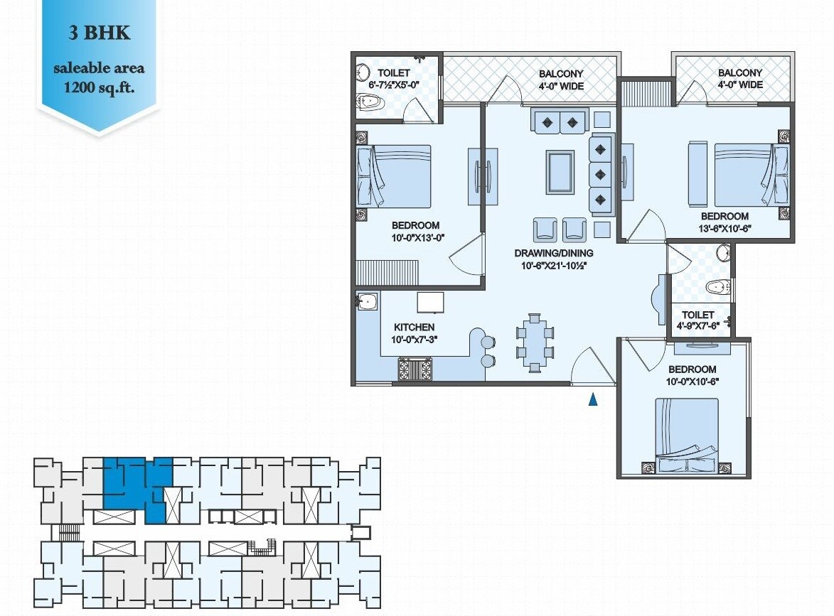 3 BHK 1200 Sq. Ft. Apartment