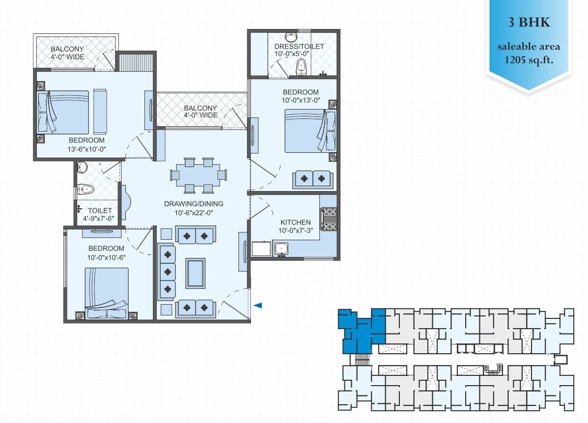 Floor plan of 3 BHK 1205 Sq. Ft. Apartment in Shiv Shankra Residency, Jaipur