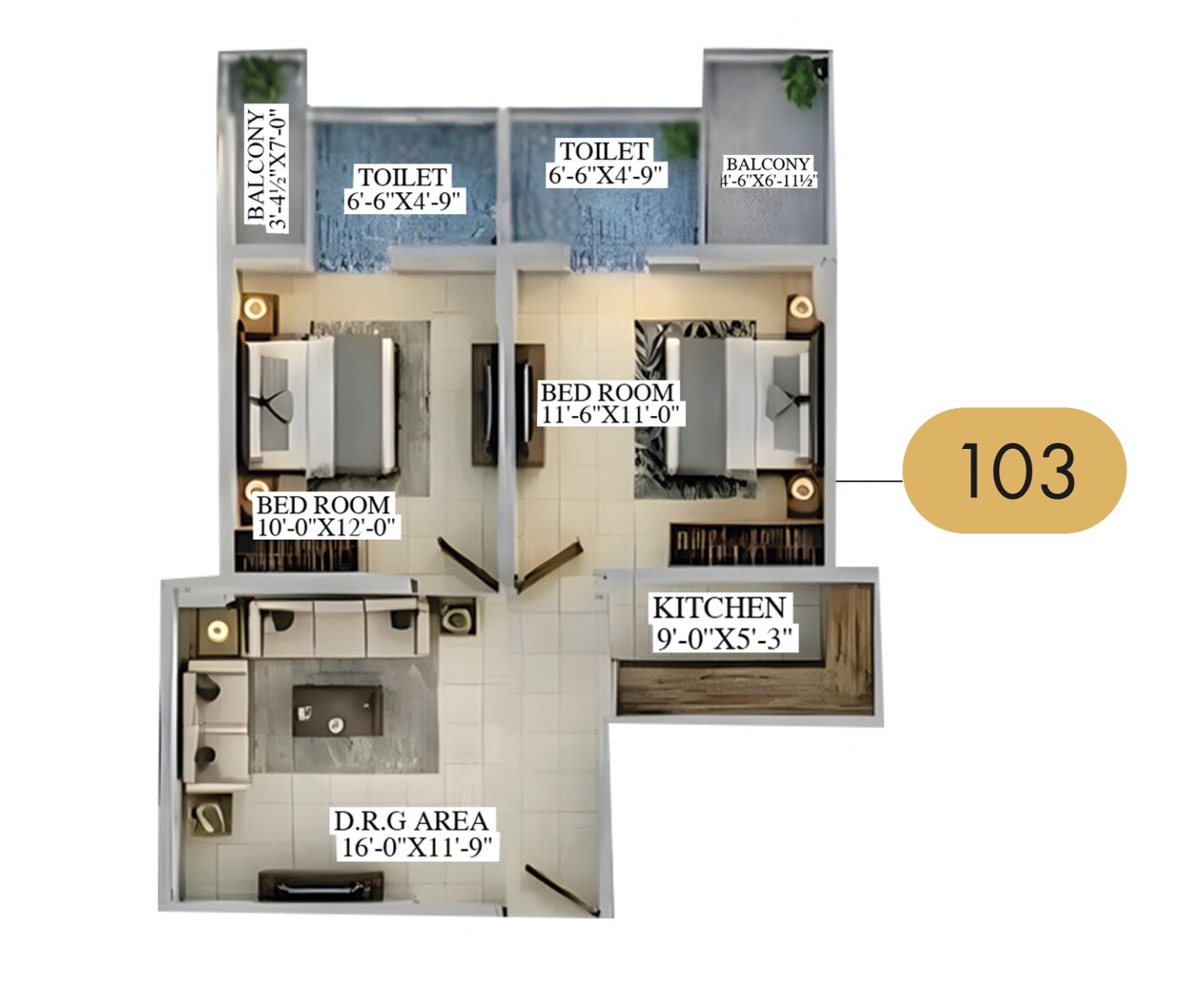 Floor plan of 3 BHK 1479 Sq. Ft. Apartment in VD Sky Crown, Jaipur