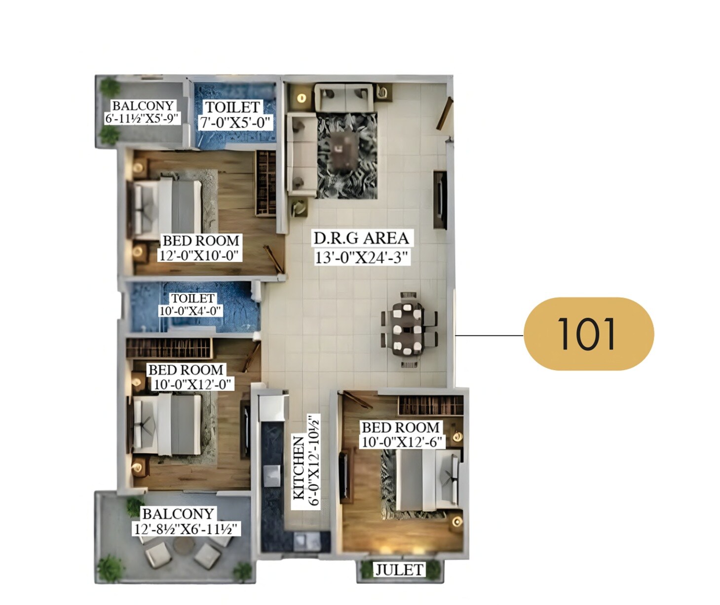 Floor plan of 3 BHK 848 Sq. Ft. Apartment in VD Sky Crown, Jaipur