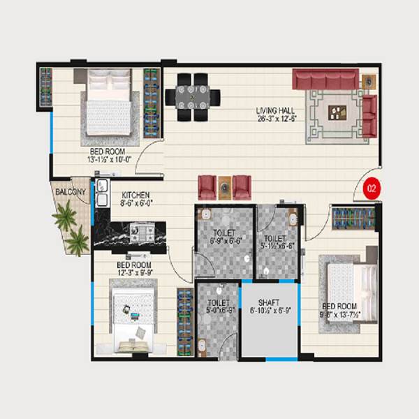 Floor plan of 3 BHK 647 Sq. Ft. Apartment in Shiva Hights, Jaipur