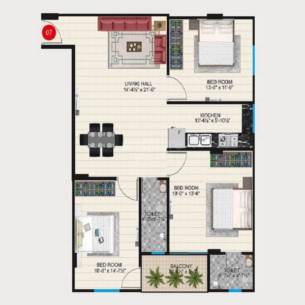 Floor plan of 3 BHK 976 Sq. Ft. Apartment in Shiva Hights, Jaipur