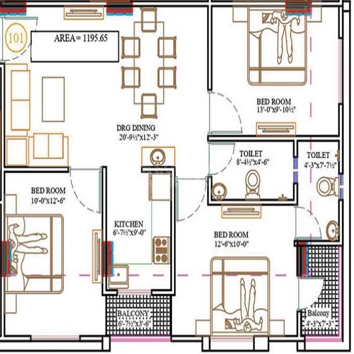Floor plan of 3 BHK 1195 Sq. Ft. Apartment in Shiva The Sunlight, Jaipur