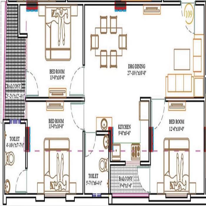 Floor plan of 3 BHK 1325 Sq. Ft. Apartment in Shiva The Sunlight, Jaipur