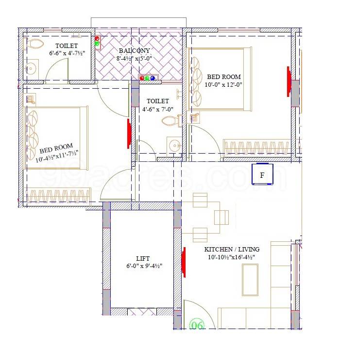 Floor plan of 2 BHK 605 Sq. Ft. Apartment in Shree Balaji Heights Sirsi, Jaipur