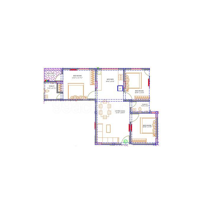 Floor plan of 3 BHK 777 Sq. Ft. Apartment in Shree Balaji Heights Sirsi, Jaipur