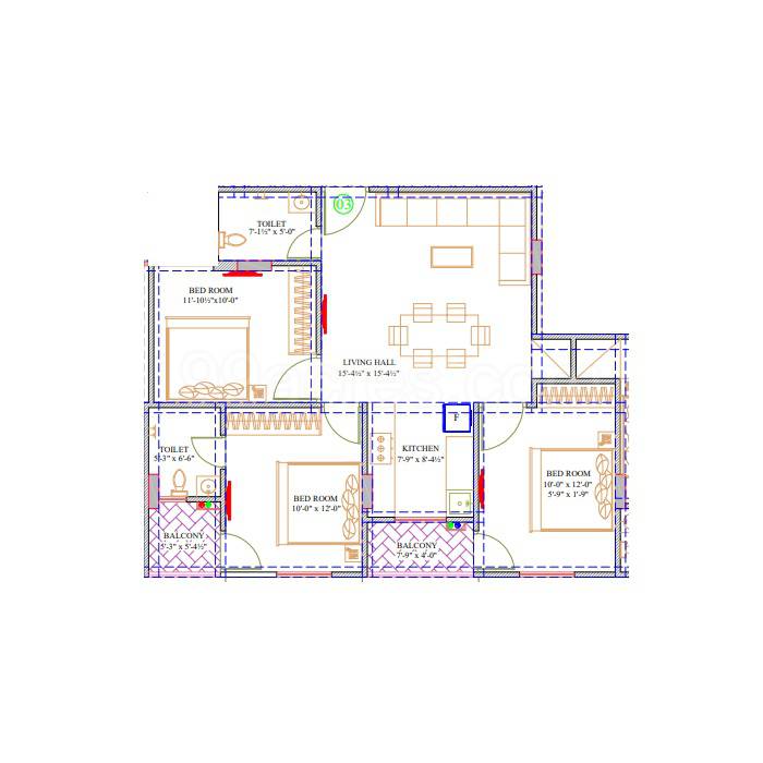 Floor plan of 3 BHK 834 Sq. Ft. Apartment in Shree Balaji Heights Sirsi, Jaipur
