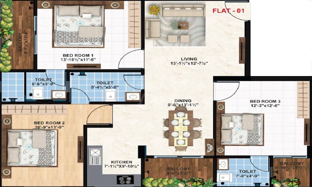 Floor plan of 3 BHK 971 Sq. Ft. Apartment in Shree Jee Anchal, Jaipur