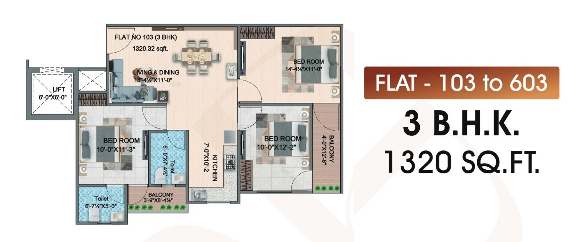 Floor plan of 3 BHK 1320 Sq. Ft. Apartment in Shree Puja Prime 2, Jaipur