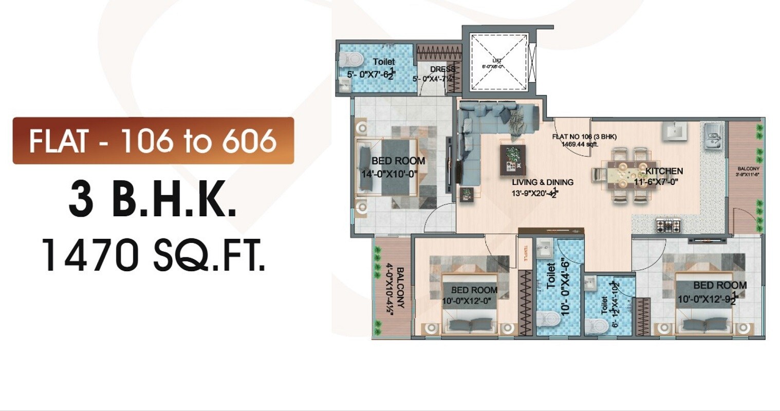 Floor plan of 3 BHK 1470 Sq. Ft. Apartment in Shree Puja Prime 2, Jaipur