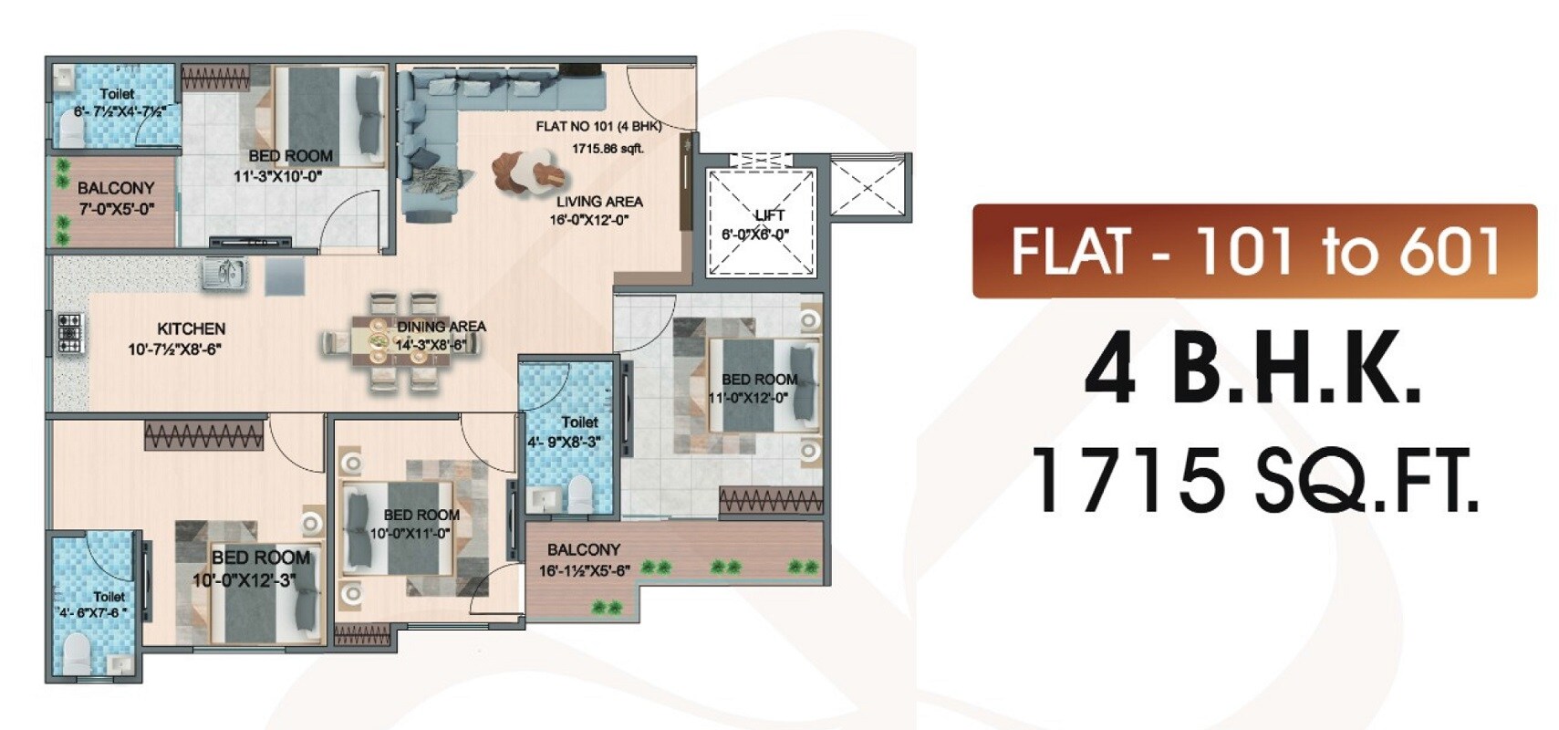 Floor plan of 4 BHK 1715 Sq. Ft. Apartment in Shree Puja Prime 2, Jaipur
