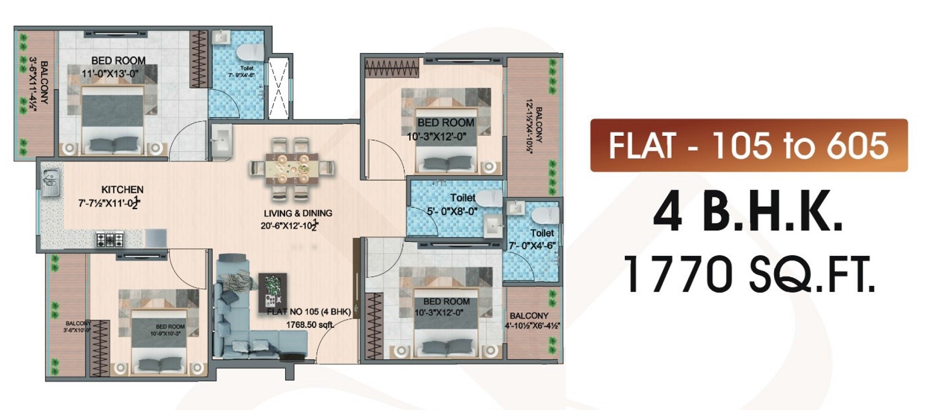 Floor plan of 4 BHK 1770 Sq. Ft. Apartment in Shree Puja Prime 2, Jaipur