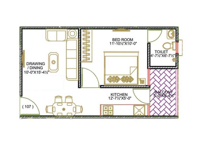 1 BHK 606 Sq. Ft. Apartment