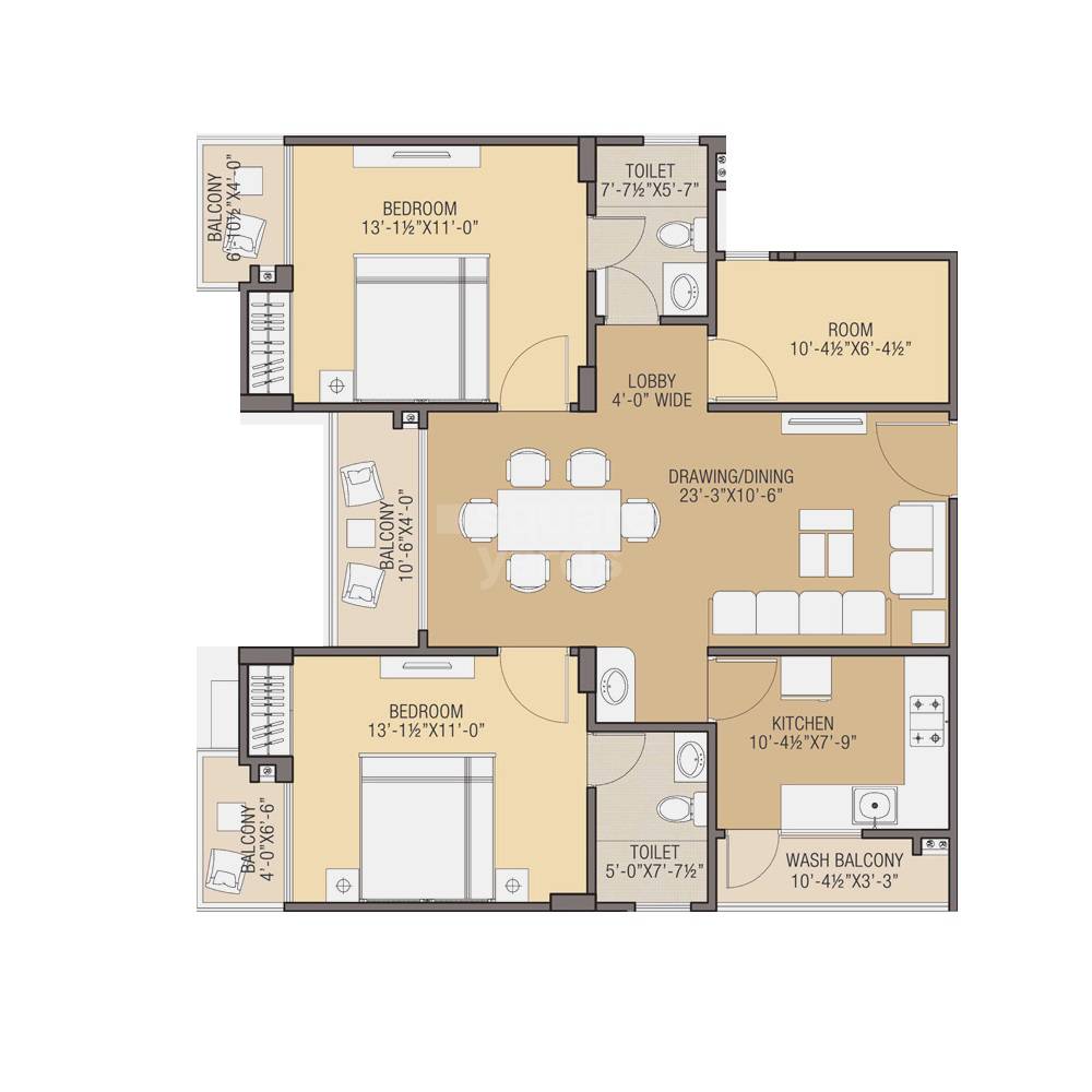 Floor plan of 3 BHK Apartment - 1376 sq. ft. in Shree South Court, Jaipur